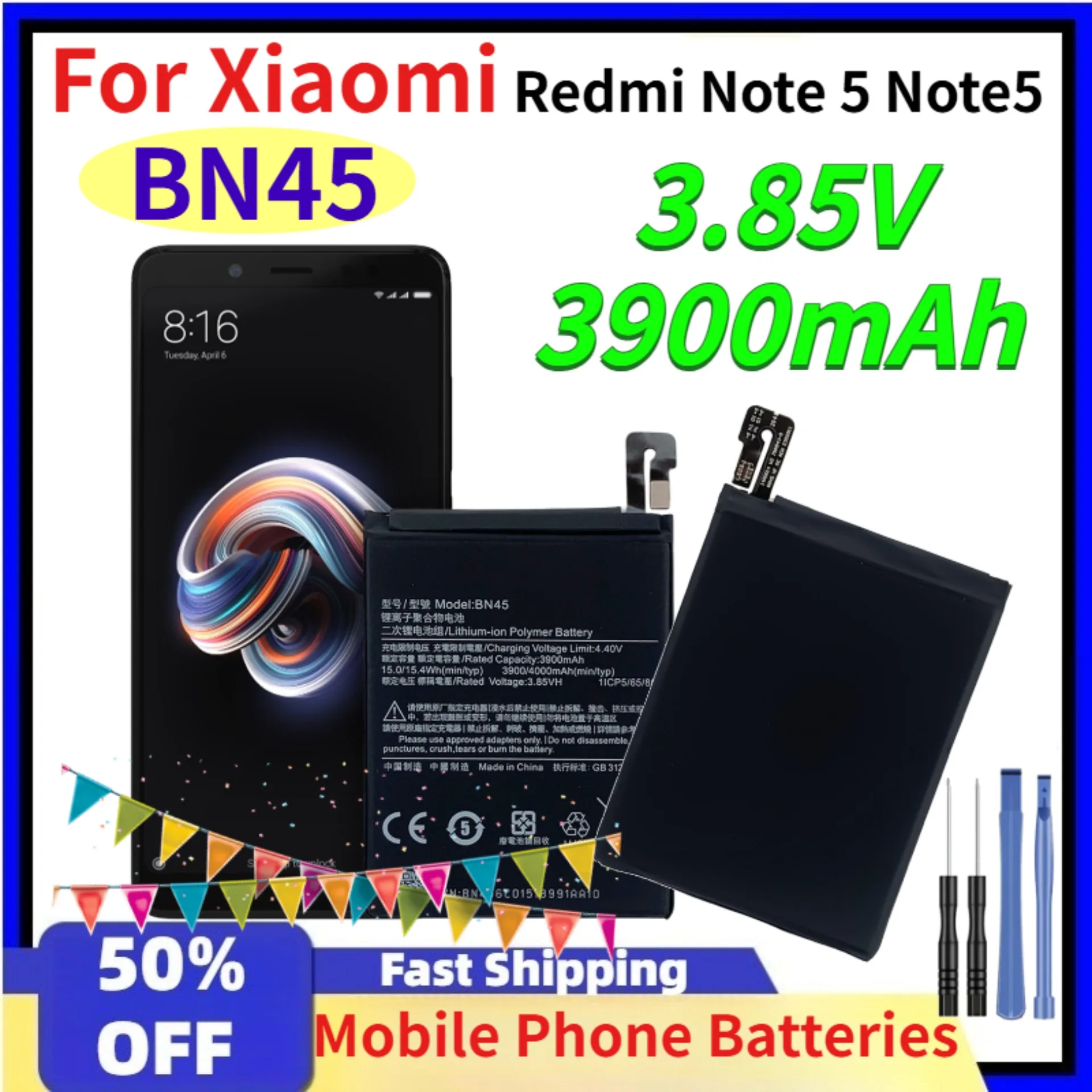 

3.85V 3900mAh BN45 Mobile Phone Batteries for Xiaomi Redmi Note 5 Note5 Replacement Lithium battery with Tools