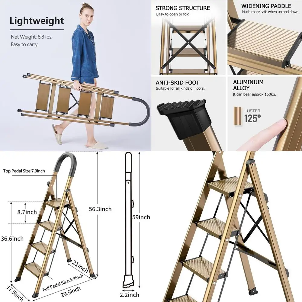 

Folding 4-Step Aluminum Ladder with Anti-Slip Treads for Home and Kitchen, Space-Saving Brown Gold