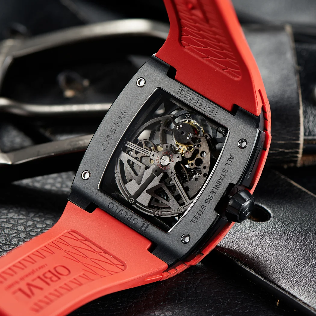 مستطيل العلامة التجارية الأصلية موضة توربيون التلقائي ساعة رياضية للرجال الهيكل العظمي مضيئة حزام مطاط مقاوم للماء EM-RT