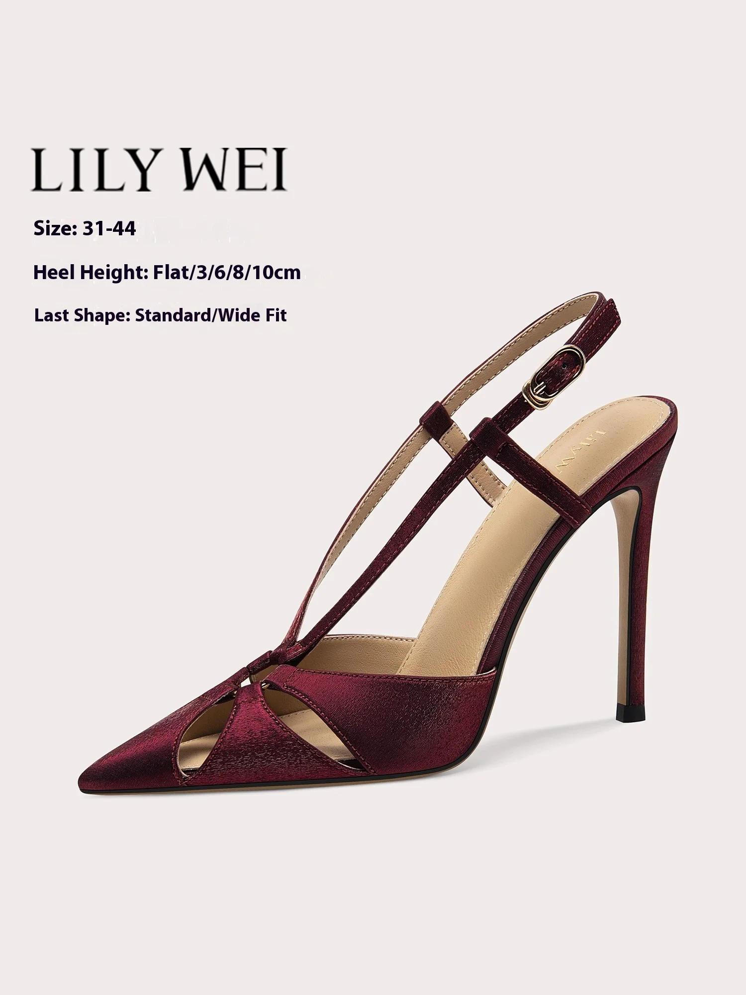 

Spring and summer new pointed wine red cloth hollow flat sandals high-heeled banquet dress large size small size women's shoes