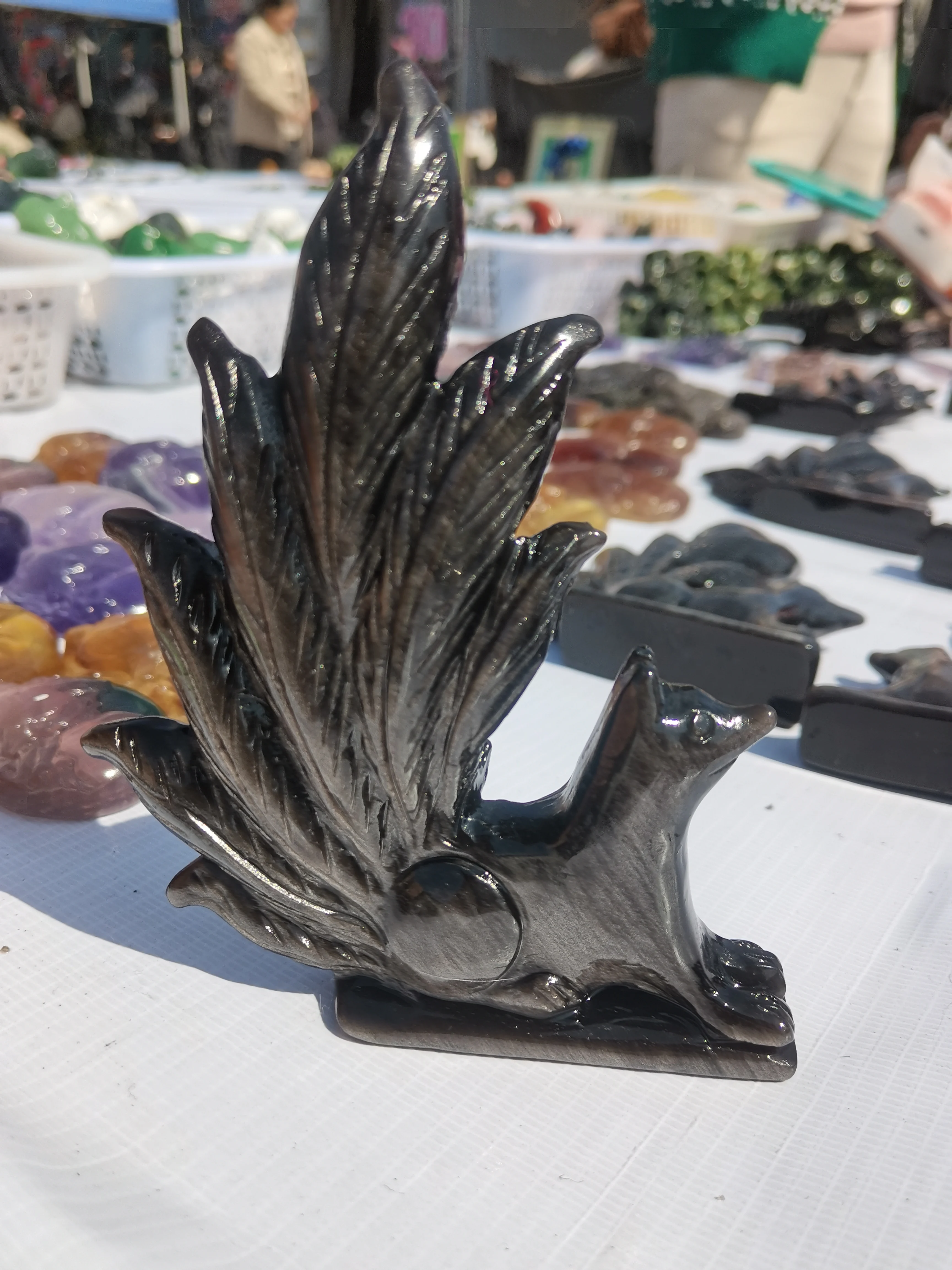 

15 см натуральный серебряный обсидиан девятихвостая лиса ручная резная фигурка животного фэншуй украшение дома подарок