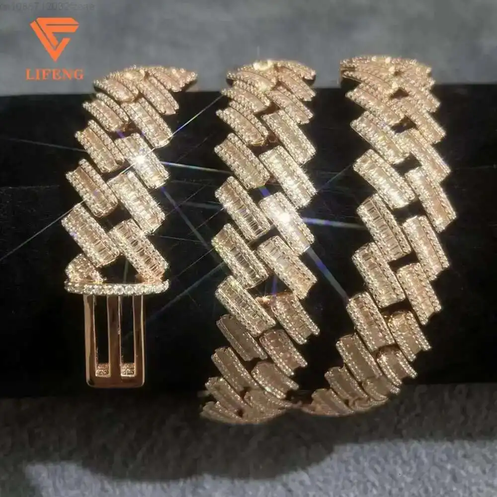 

15mm Fully Ice Out Jewelry Silver Rose Gold Plated Moissanite Baguettes Cuban Link Chain Ice Cuban Chain Necklace Item