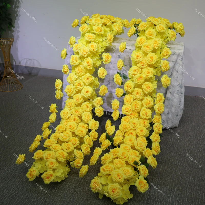 

Yellow Wedding Flower Row Table Runner Artificial Rose Peony Decoration Floral Arrangement Party Stage Sofa Props Decor