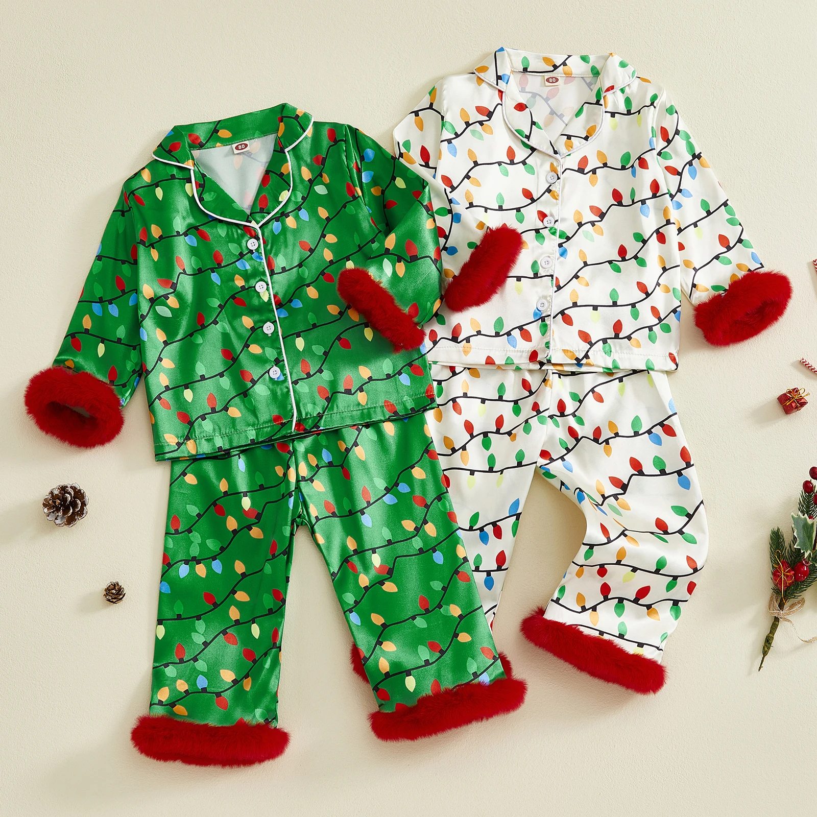 Tregren 0-9Y Kids Boy Girl Christmas Satin Pajamas Set Light String Print Long Sleeve Lapel Button Down Top with Pants Sleepwear
