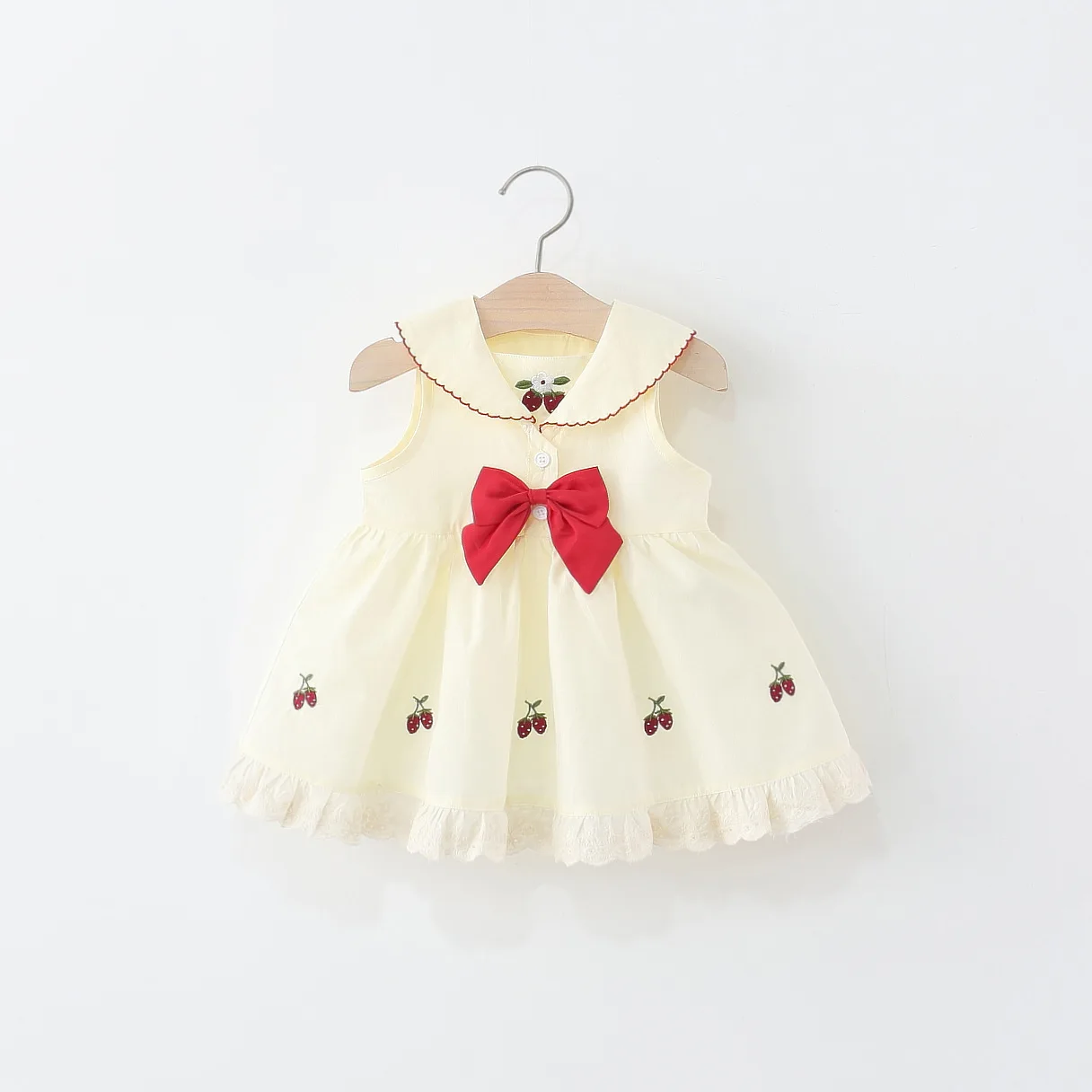 Baby Mädchen Kleidung Sommer Bogen Kirsche Plaid Muster Revers Baby Mädchen Kleid Nette Casual Baby Mädchen Prinzessin Kleider