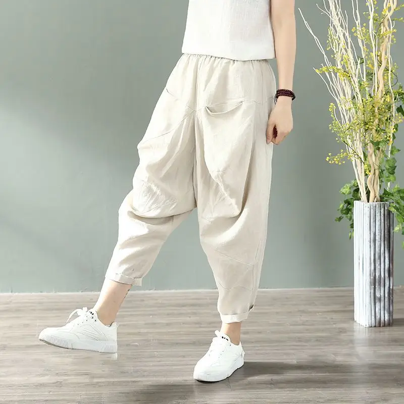 Pantalon Haren en Coton Chanvre pour Femme, Taille artificiel astique, Mode, Imprimé à Carreaux, High Street, Décontracté, Poches, Patchwork, Été, Nouveau