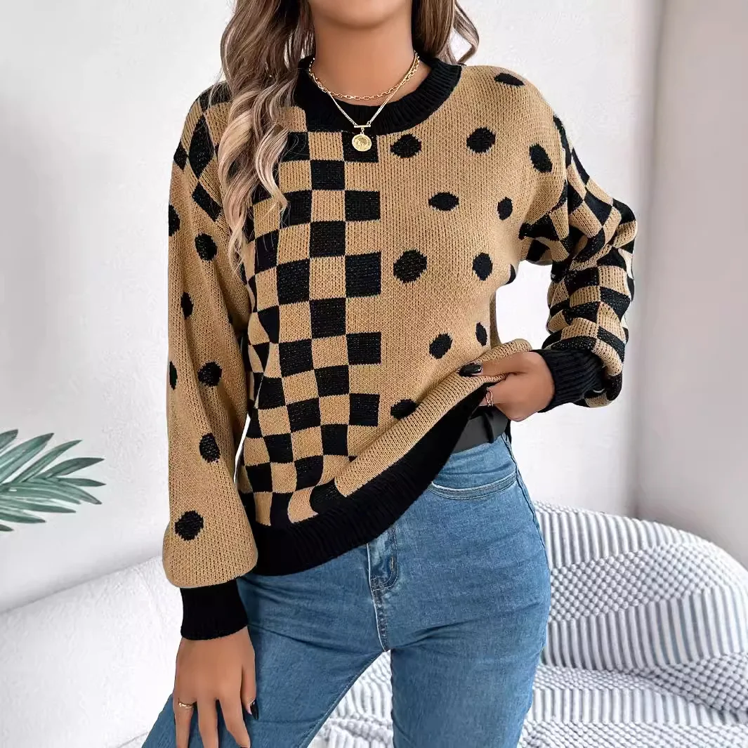 

Women 2024 Autumn/winter Casual Plaid Dot Grid Lantern Sleeve Sweater O Neck Outerwear Pullover Flall Grey Khaki Sweater Tops