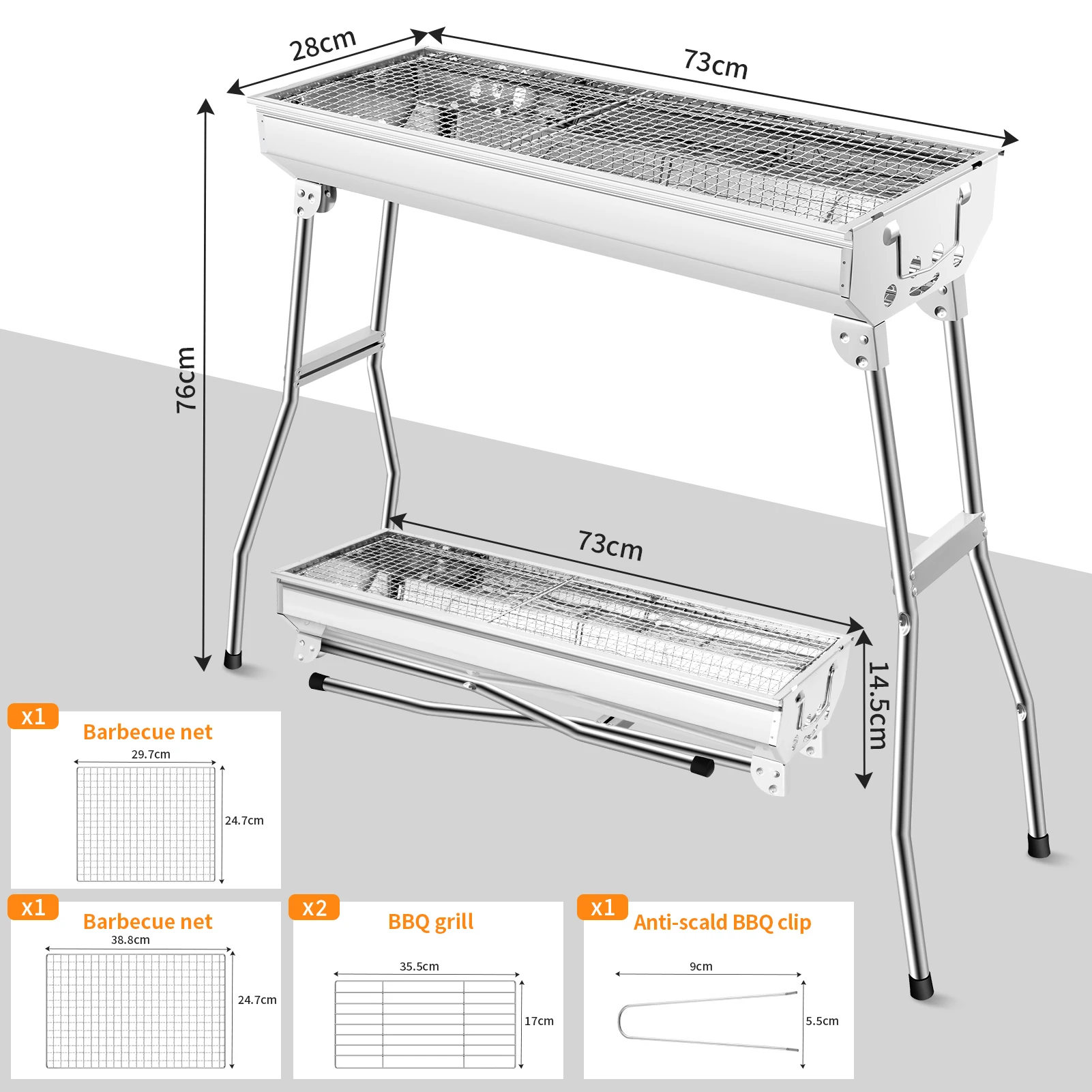 Folding Portable Charcoal Grill Stainless Steel BBQ Tool 410 Stainless 0.6mm Thick 73x28x76cm for Outdoor Cooking Camping Picnic Beach