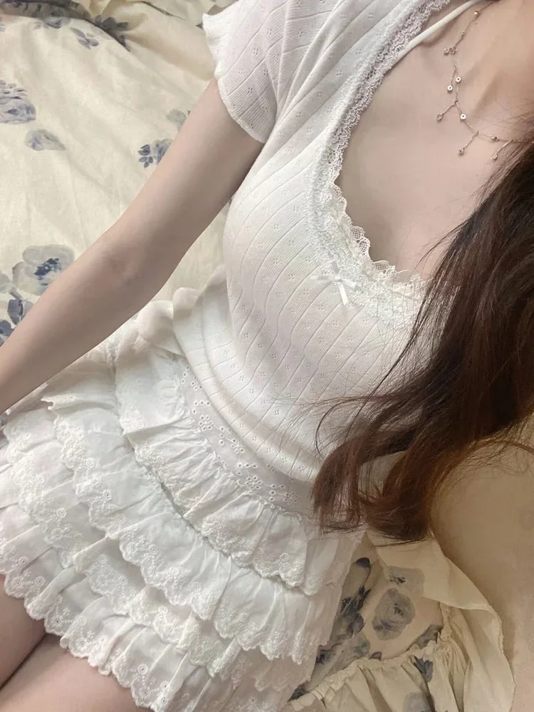 White T Shirt  Women 2022 Summer Lace Trim Bow Short Sleeve Slim Tops Women Clothes