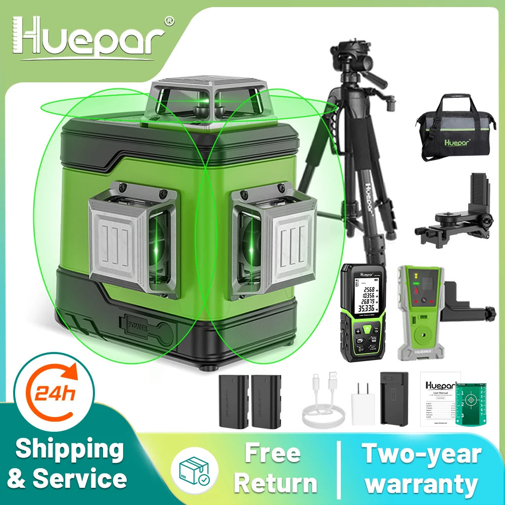 Huepar 3D Cross Line Laser Level 12 Lines Self-Leveling Green Beam Laser Tool Set With 2pcs Li-ion Battery & Tripod & Detector