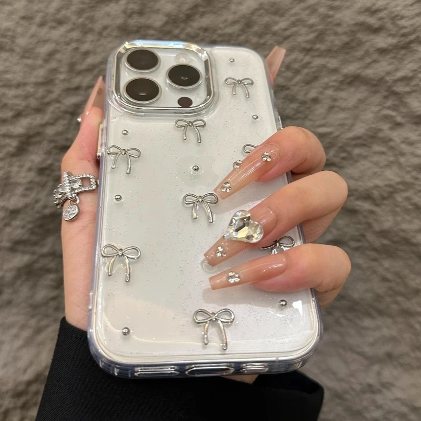 Y2K Korea Glitter 3D Silver Bowknot Etui na telefon do iPhone 16e 15 14 13 12 11 Pro Max 7 8 Plus X XS Epoxy Shell Girl Clear Cover