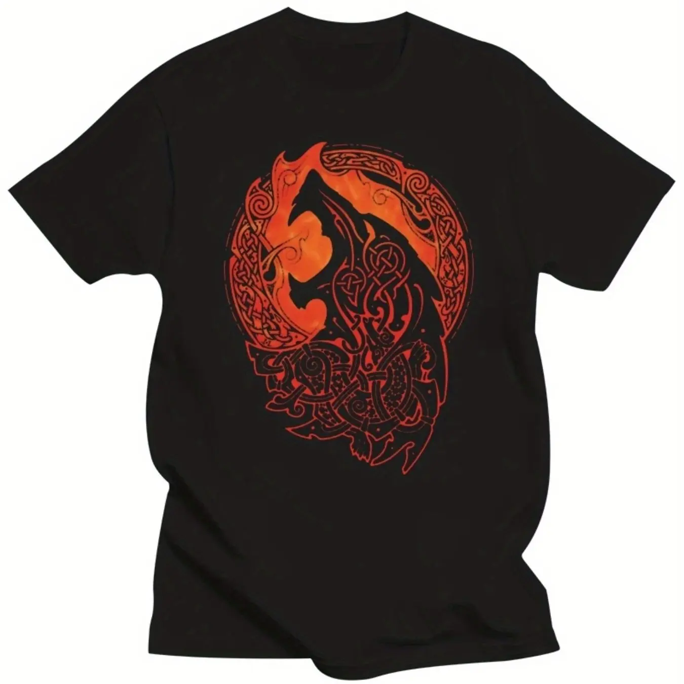 

Men Cotton T-Shirt Fenrir Wolf Print Casual Streetwear Tee with Intricate Orange Black Design Short Sleeve Men Clothing