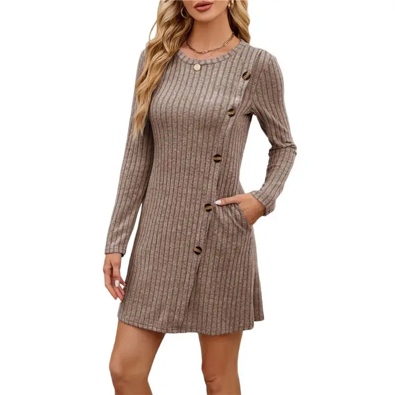 

Платье-туника с длинным рукавом для женщин, с карманами и модными пуговицами по бокам