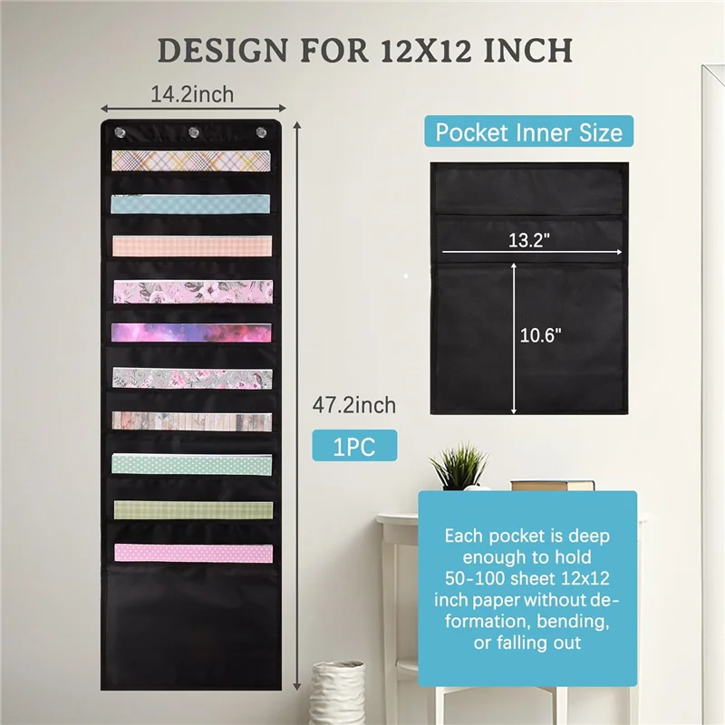 N82R Hanging Paper Storage Pocket, 12 X 12 Inch Paper Storage With 3 Pieces Hanging Hooks For Holding Scrapbook, Cardstock Durab