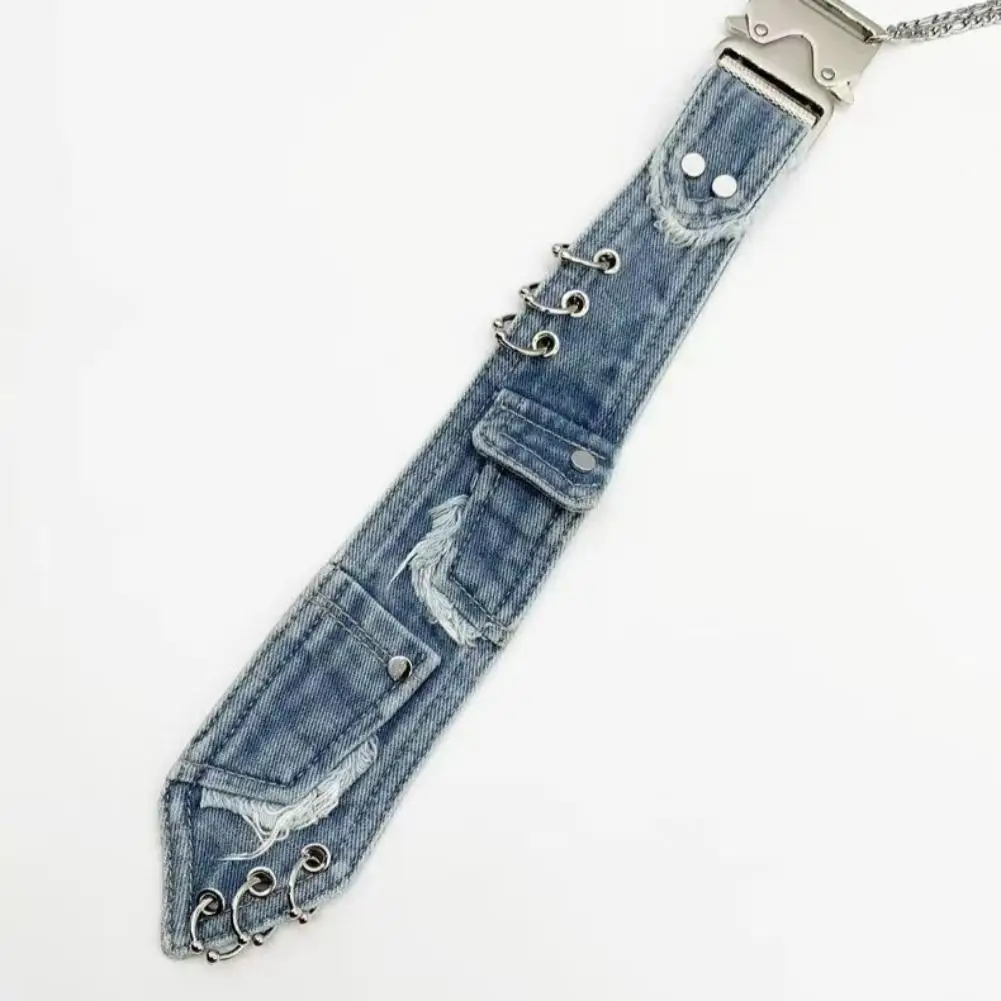 Punk Style Denim Tie Detachable Metal Buckle Chain Men Women Personalized Ripped Hole Denim Tie Shirt Collar Accessories