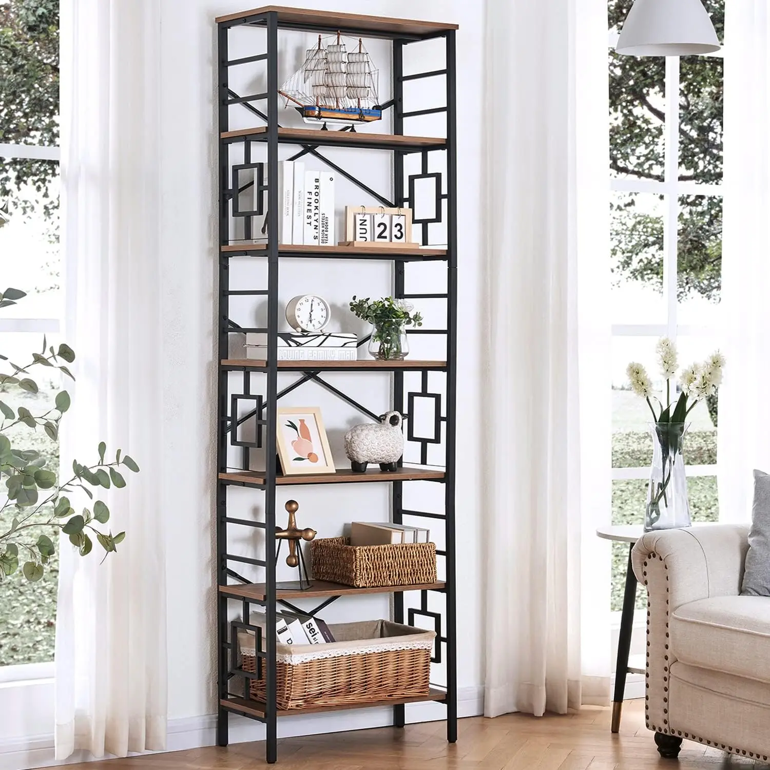 Industrial 7-Tier Bookshelf with Unique Design,Open Bookshelves and Bookcases,Freestanding Book Shelf Bookcase for Living Room