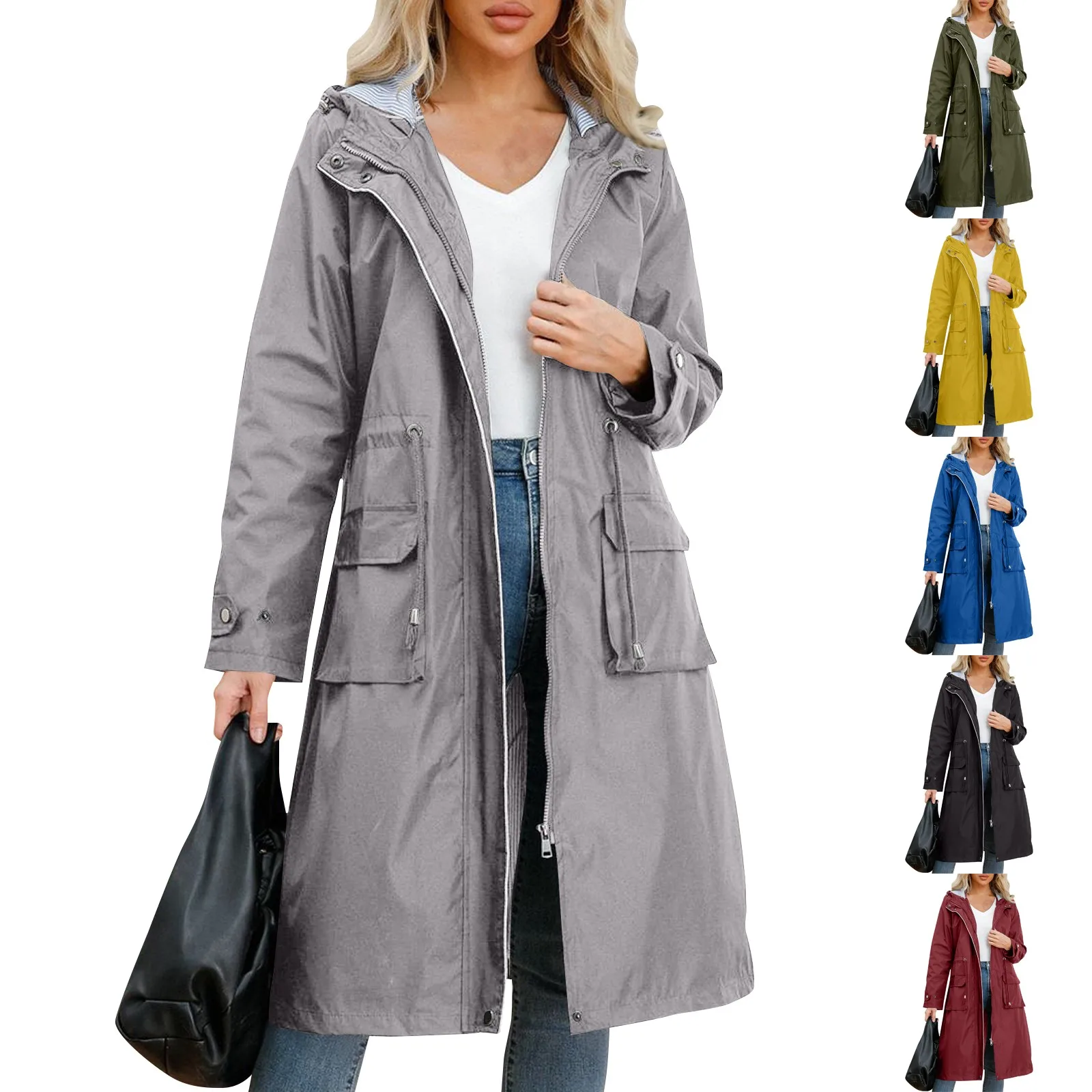 Women'S Solid Hooded Jackets Autumn New Medium Length Windbreaker With Striped Daily Causal Comfortable Straight Tube Trench