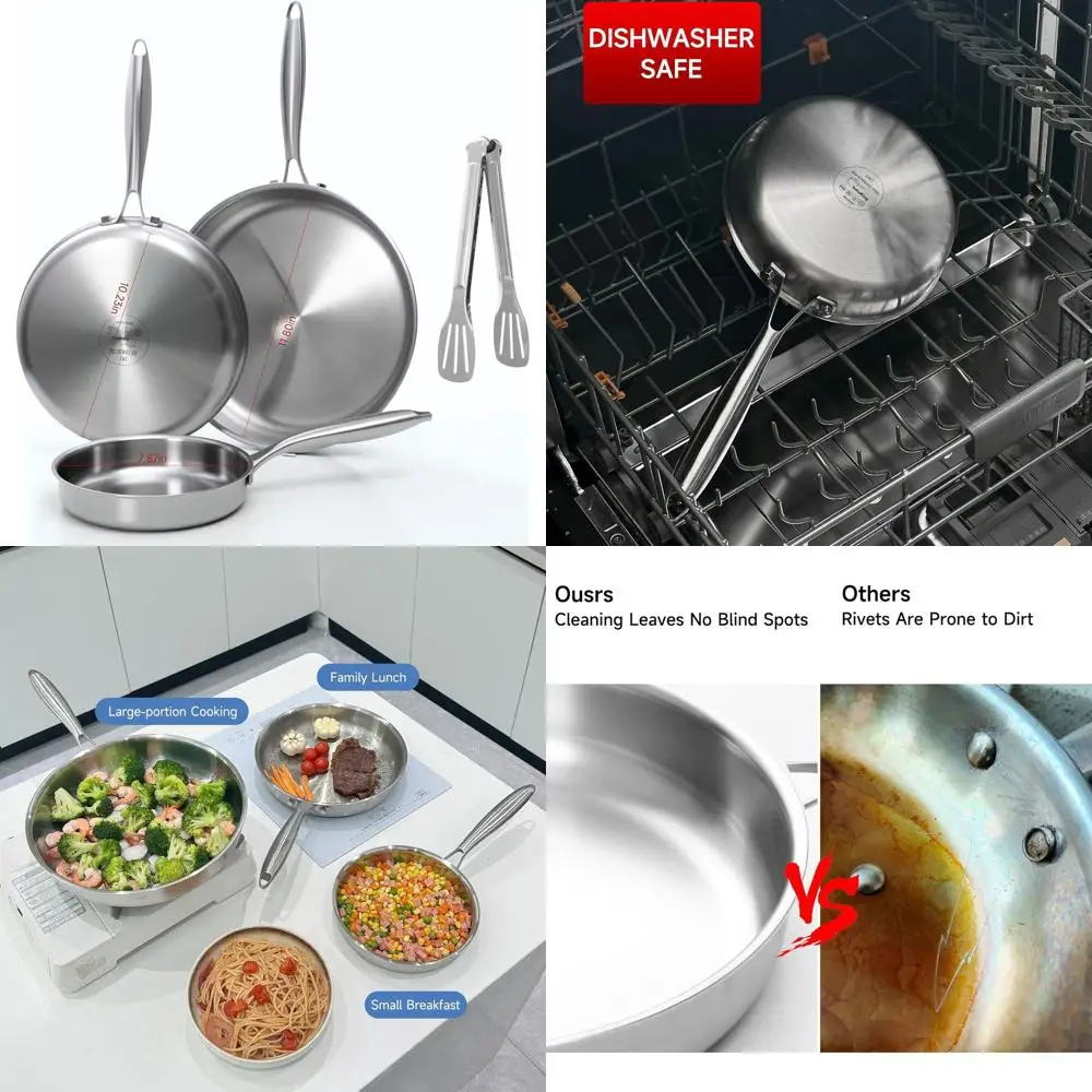 

8, 10, 12 Tri-Ply Stainless Steel Frying Pan Set with Chef's Skillet, Induction and Dishwasher Safe, Universal Cooktop Compatibi