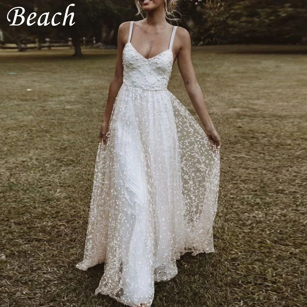 

Beach Deep V Neck Spaghetti Straps White Wedding Dress 2023 Lace Appliques Sleeveless A Line Simple Bridal Gown Robe De Mariee