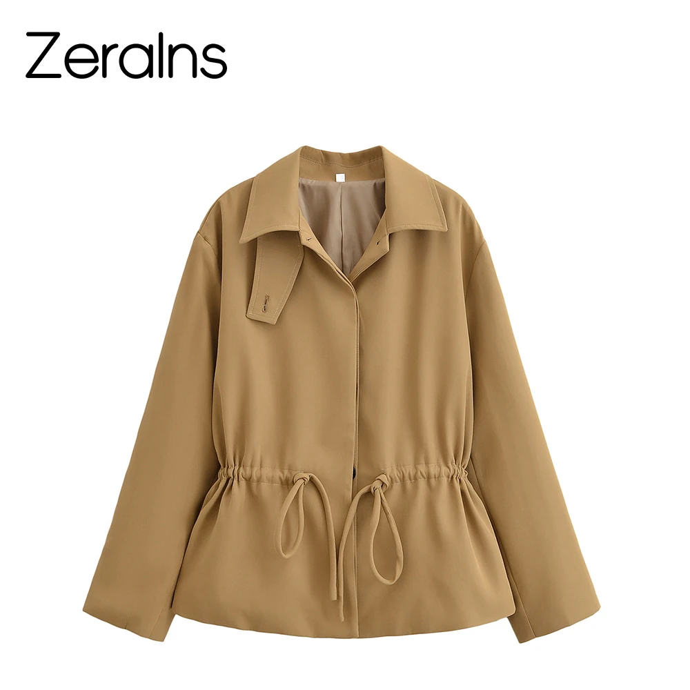 

ZERAINS Super nice khaki waist cinched short jacket for women, short stature, autumn Korean loose jacket top