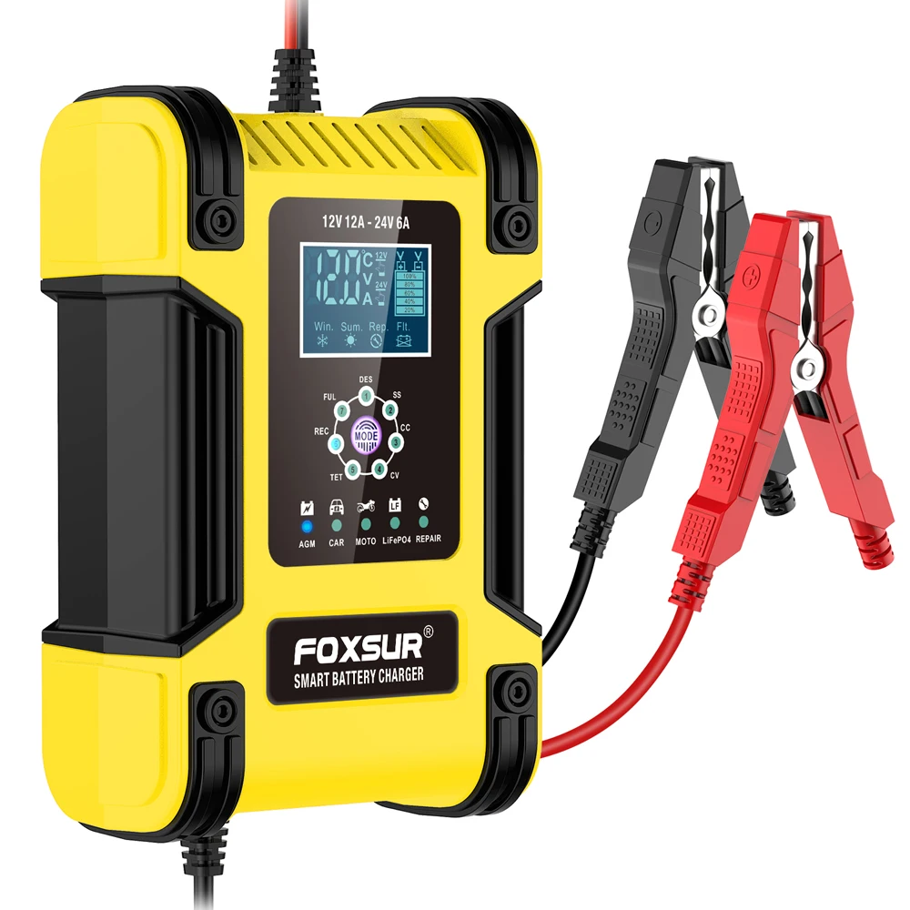 Foxsur volautomatische auto-acculader 12V 12A digitale display acculader Power Pulse reparatieladers nat droog loodzuur