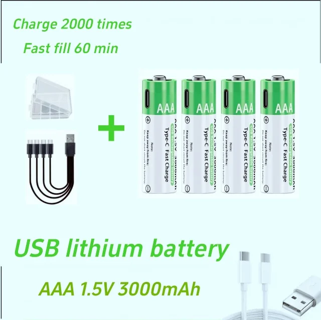 شحن سريع بطارية ليثيوم أيون 1.5 فولت AA AAA بسعة 3800 مللي أمبير في الساعة وبطارية ليثيوم USB قابلة لإعادة الشحن للوحة مفاتيح الألعاب