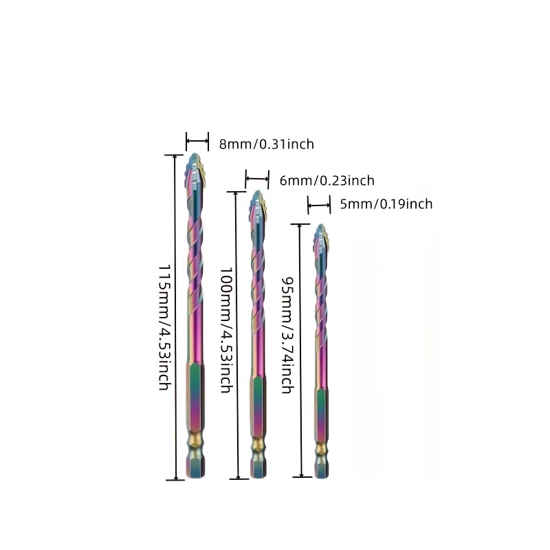 3Pcs Titanium Plated Cross Tip Drill Bit Set 5/6/8mm, Carbide Tipped for Tile, Concrete, Metal & Wood Drilling