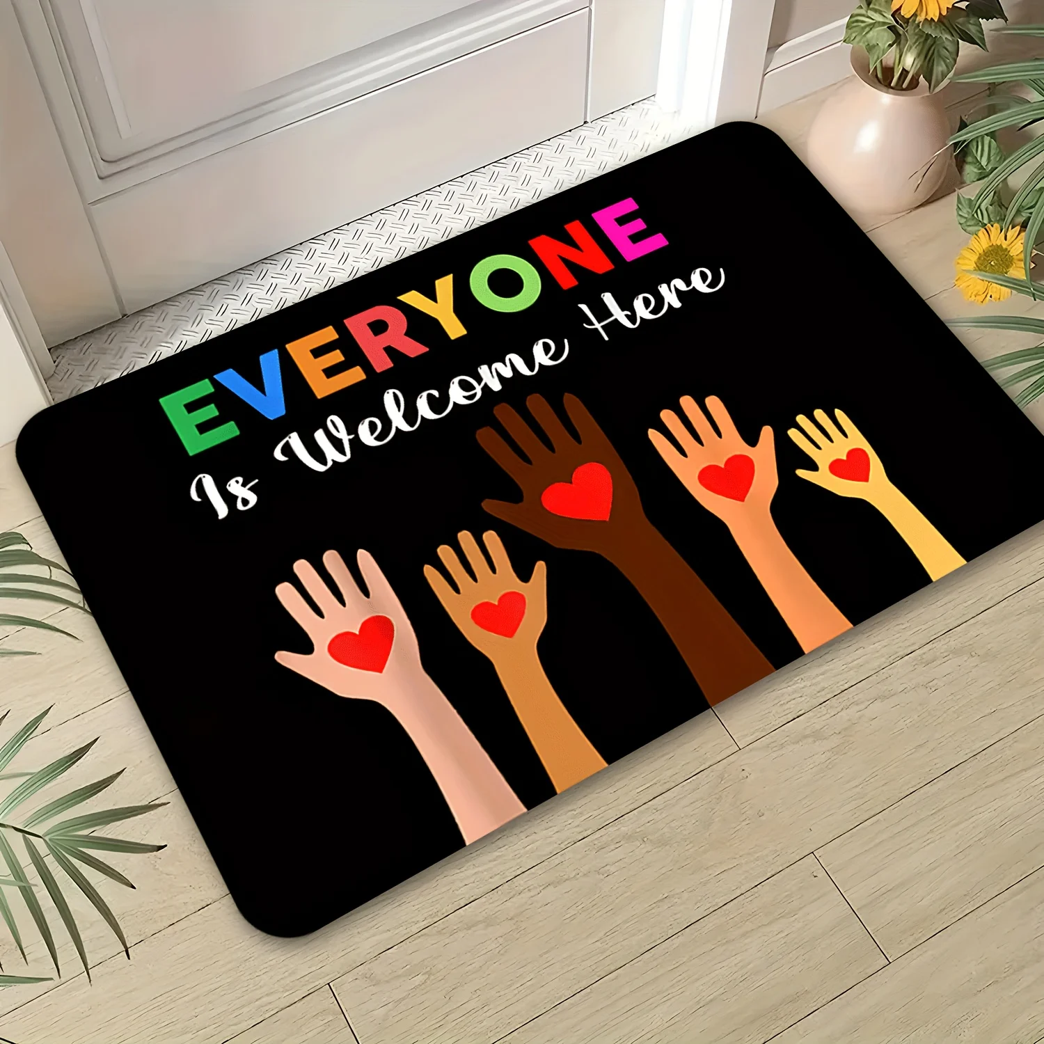 Everyone is Welcome Here Design Doormat, Inclusive Slogan Non-Slip Welcome Rug, Washable Decorative Mat for Home and Entryway