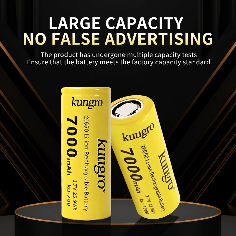 26650 Lithium Battery 7000mAh 3.7V Rechargeable Cell for Flashlight, Vape, Solar Light - Long Cycle Life High Drain