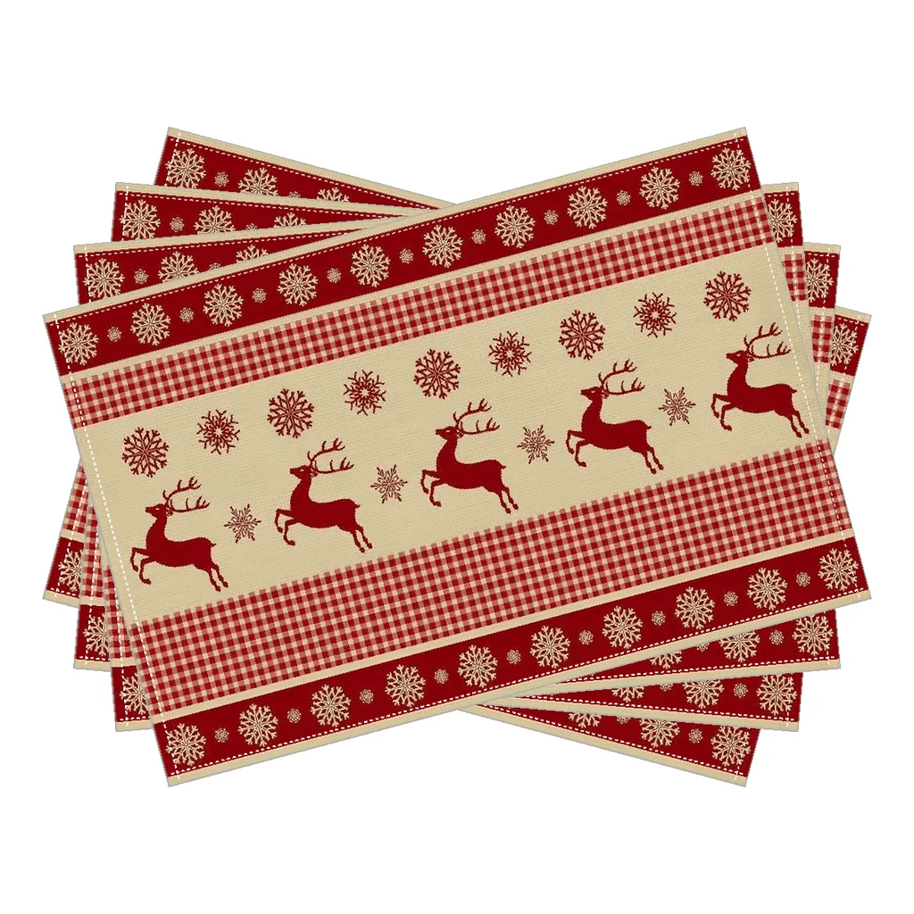 Christmas Themed Placemats, , Polyester Material, No Embroidery Or Tassels, Adorned With Snowflake And Deer Patterns, Red, Whit