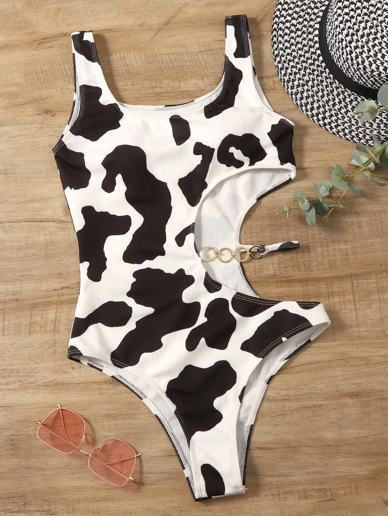 2025 Cow Print Rib Cut-out One Piece Swimsuit Ring Link Swimwear Women Bathing Suit Female Swimming Summer Beachwear Bodysuit