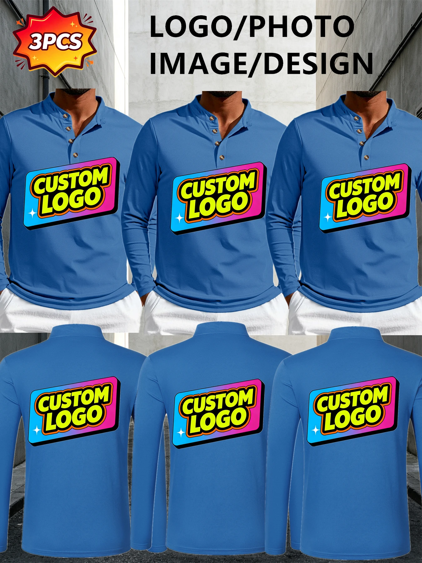 Customized 3-piece polo long-sleeved shirts - Personalized custom moisture-wicking long-sleeved business executive shirts