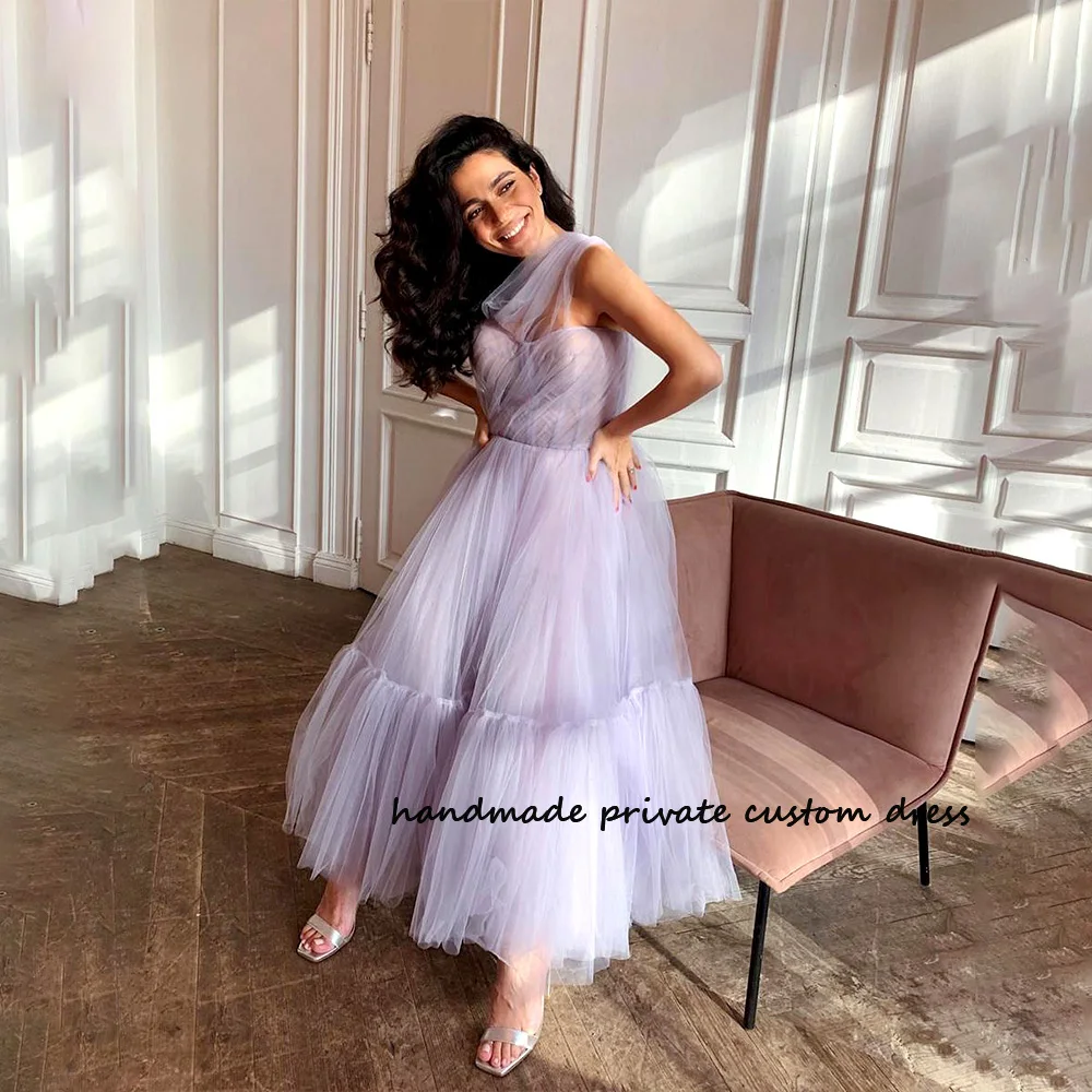 

Lavender Tulle Fairy Prom Dresses One Shoulder A Line Evening Party Dress Ankle Length Formal Prom Gowns Lace Up Back