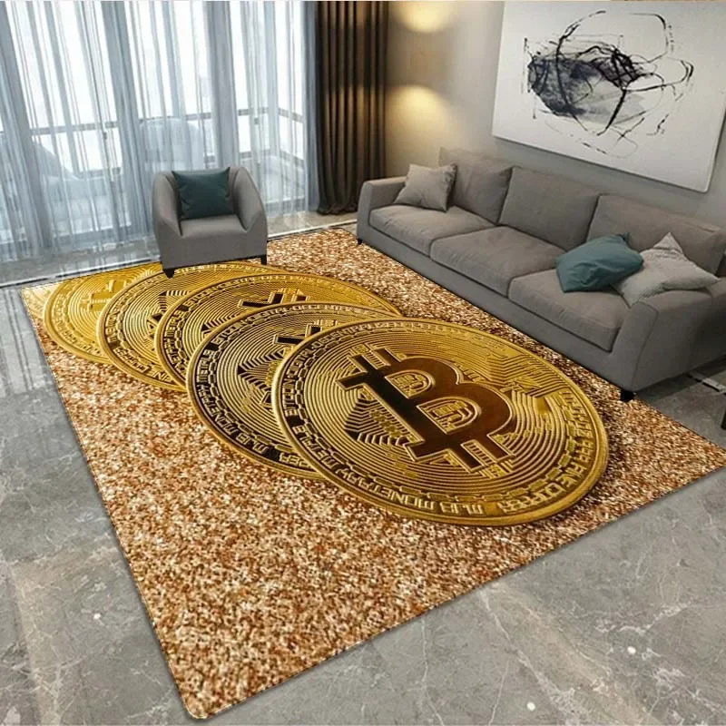 3D Bitcoin Virtual Currency Area Rug Large,Carpet Rug for Living Room Bedroom Sofa Playroom Doormat Decor,Kid Non-slip Floor Mat