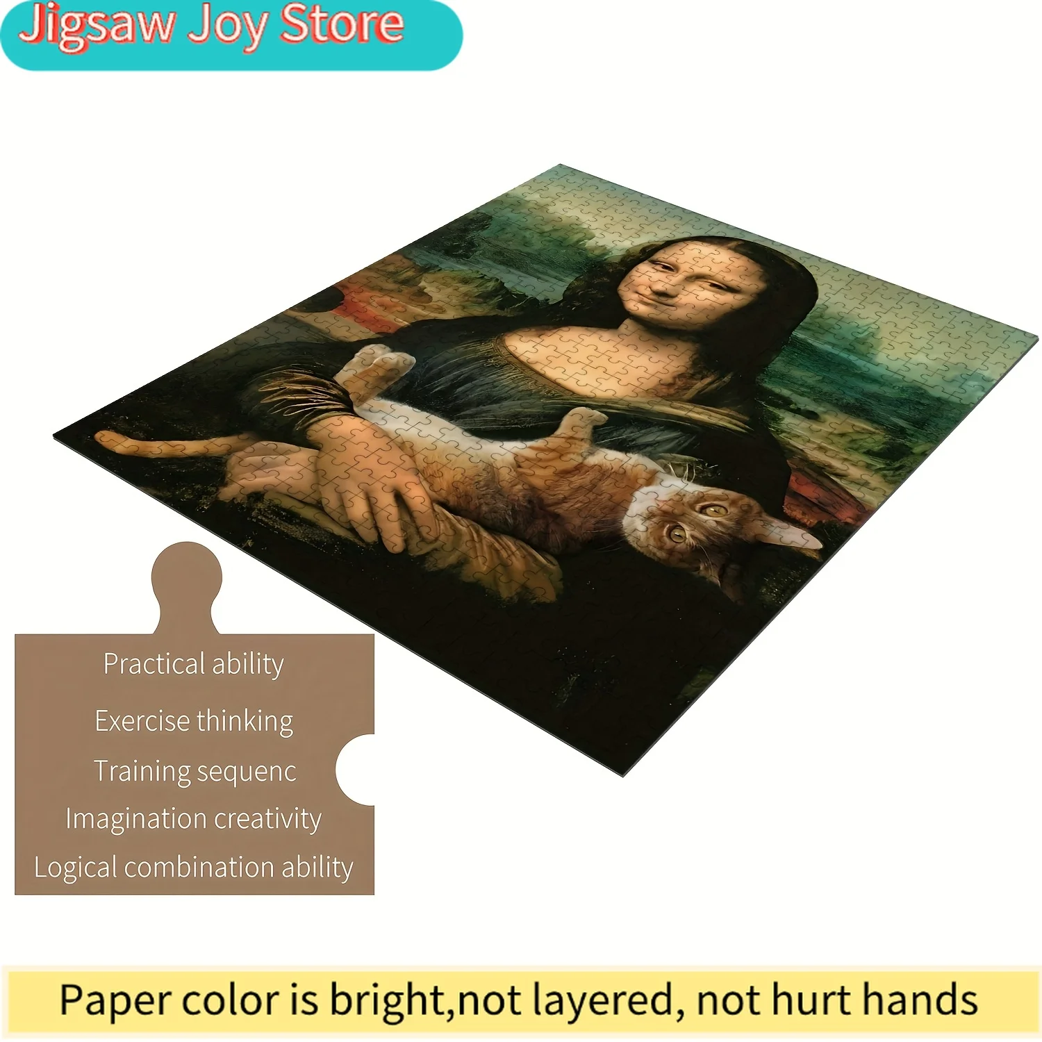

Mona Lisa Cat Shadow Wooden Jigsaw Puzzle for & Families - Intermediate Challenge, Scratch-Resistant, Portable Rectangular De