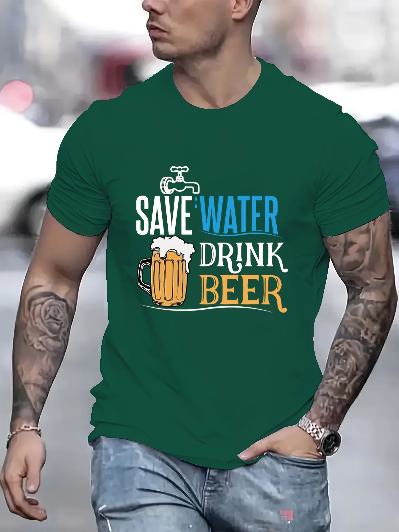 

Мужская повседневная футболка с круглым вырезом из 100% хлопка с пивной кружкой и пивной кружкой с изображением пивной кружки и крана.