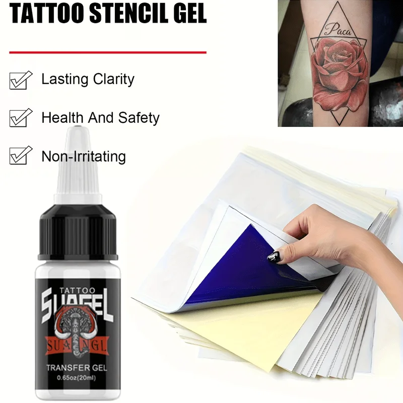 

Professional Tattoo Kit including 0.68oz Transfer Gel Bottle, Odorless Tattoo Transfer Paper, and High-Efficiency Design