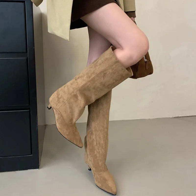 New Retro Knee-High Boots Women Round High Heels Shoes Woman Pointed Toe Long Tube Boots Women Fashion Botines Mujer