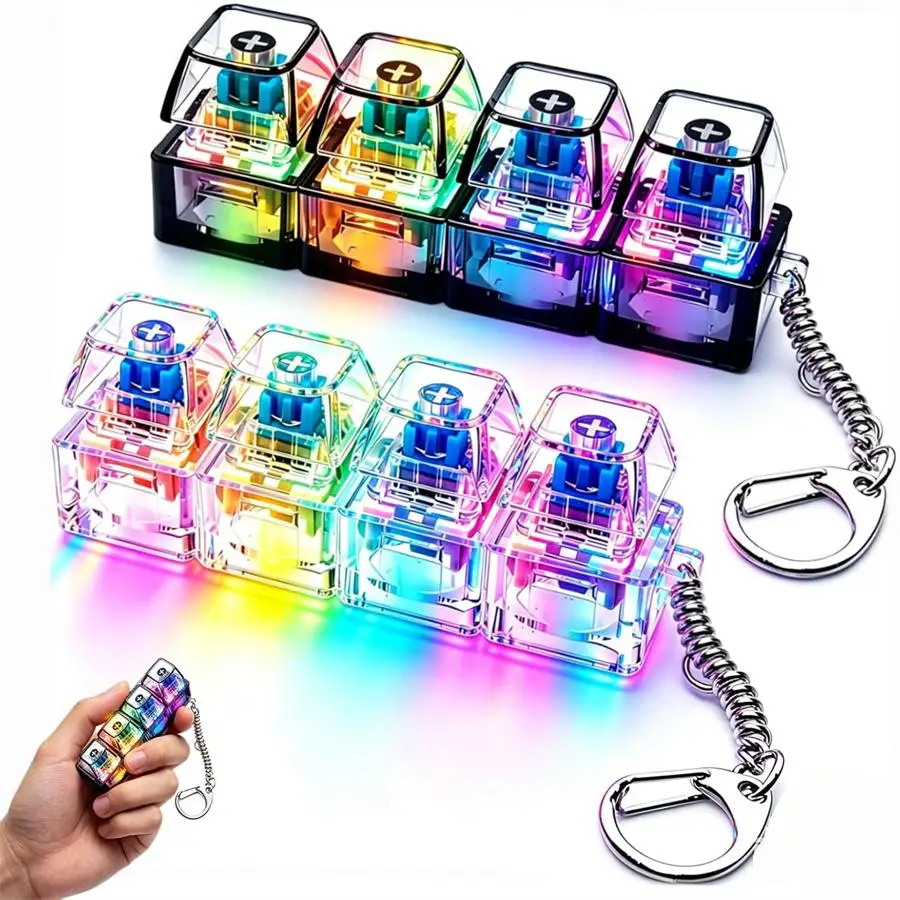4-in-1 Keyboard Fidget Keychain with LED Lights Stress Relief Clicker Toy for Office Desk Focus,Fidget clicker Fidget Keyboard