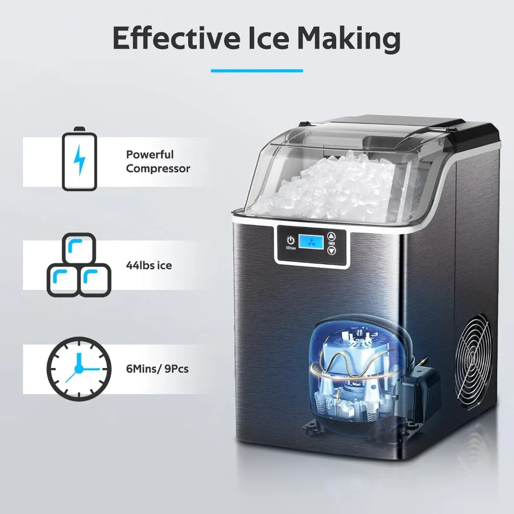 Ice Maker with 45lbs/Day & Self-Cleaning, 24hrs Timer & LED Panel Sonic, Scoop and Basket, Portable Ice Machine