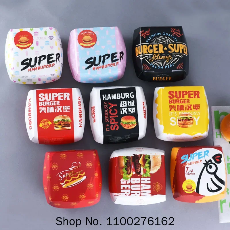 100pcs Hamburger Packaging Box White Card Creative Baking Delicious Bread Paper Box Picnic Party Food Disposable Package