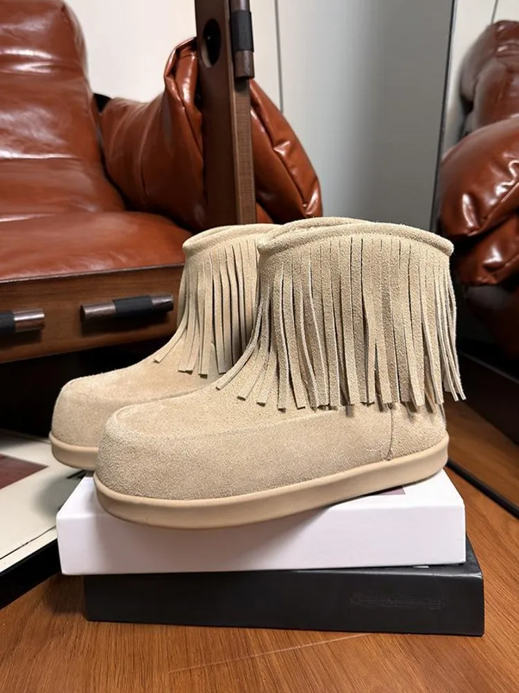 الشتاء أنيقة المرأة شرابة جلد البقر المدبوغ الثلوج الأحذية الدافئة الصوف عالية أعلى الأحذية عارضة جولة تو الكاحل السيدات حذاء مسطح #2