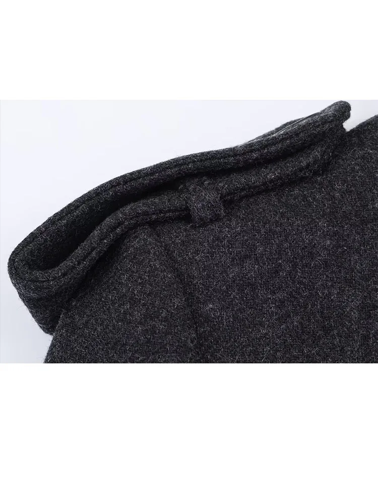 HH femmes hiver mode polyvalent mélangé longue laine veste femme décontracté col montant épaule décoration poche manteau Mujer