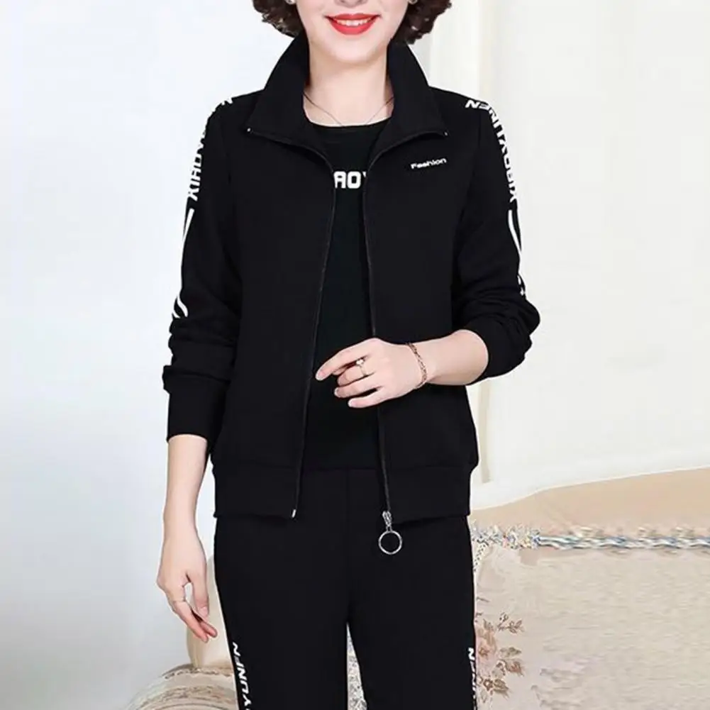 3 Pcs/Set Women Fall Winter Suit Long Sleeve Zipper Closure Lapel Coat Short Sleeve Top Elastic Waist Loose Pants