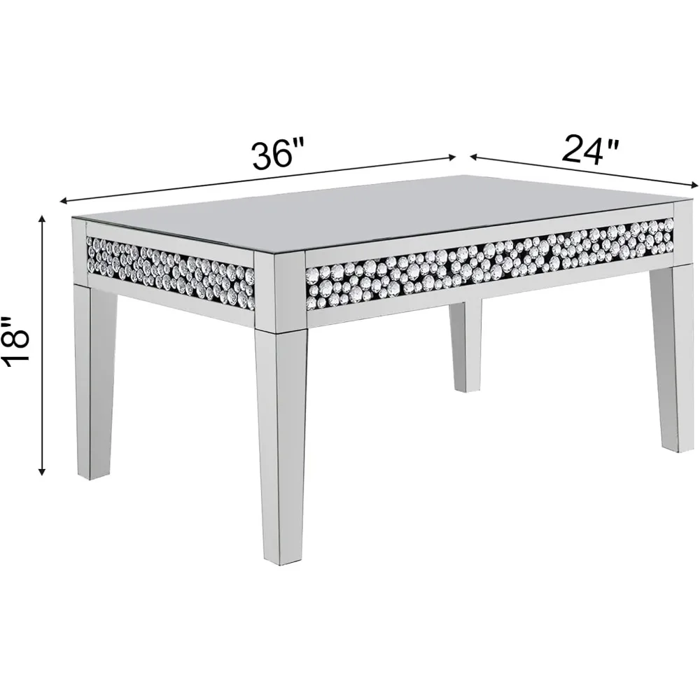 Mesa de centro rectangular con espejo, mueble plateado con incrustaciones de diamante criatal, mesa de té moderna de lujo para sala de estar