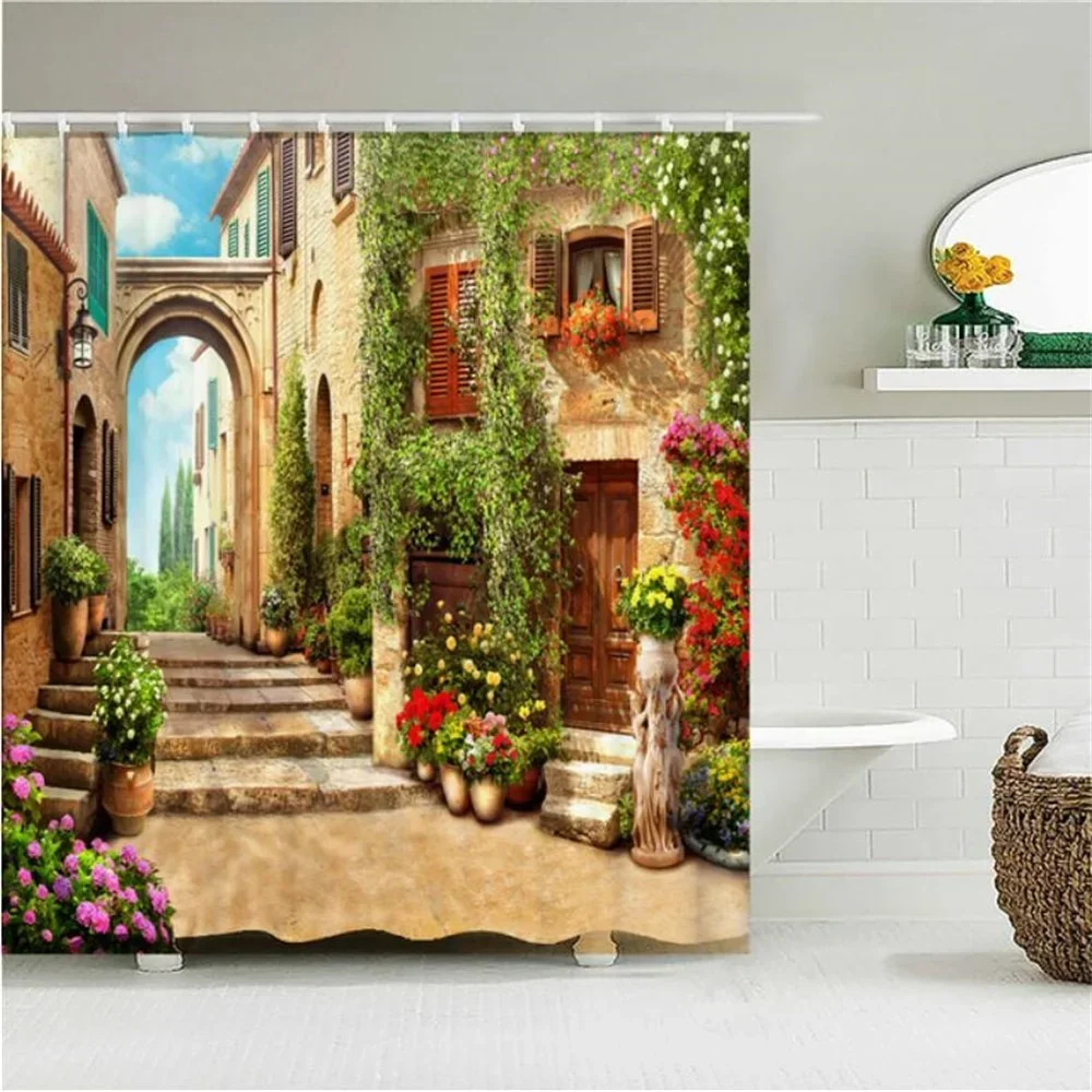 Home Wall Decor European Building Garden Patio Landscape Shower Curtains Bathroom Curtain Waterproof Bath Curtains for Bathroom