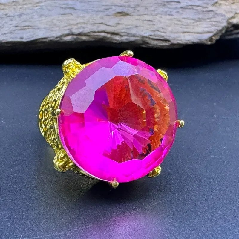 Gold Tone Filigree Ring, Large Round Fuchsia Created Gem, Retro Ethnic Bold Statement Finger Jewelry