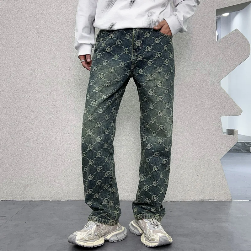 

Blue Embroidered Printed Jeans Men's Autumn 2024New Fashion American Men's Retro High Street Loose-Fitting Wide-Leg Y2K Trousers