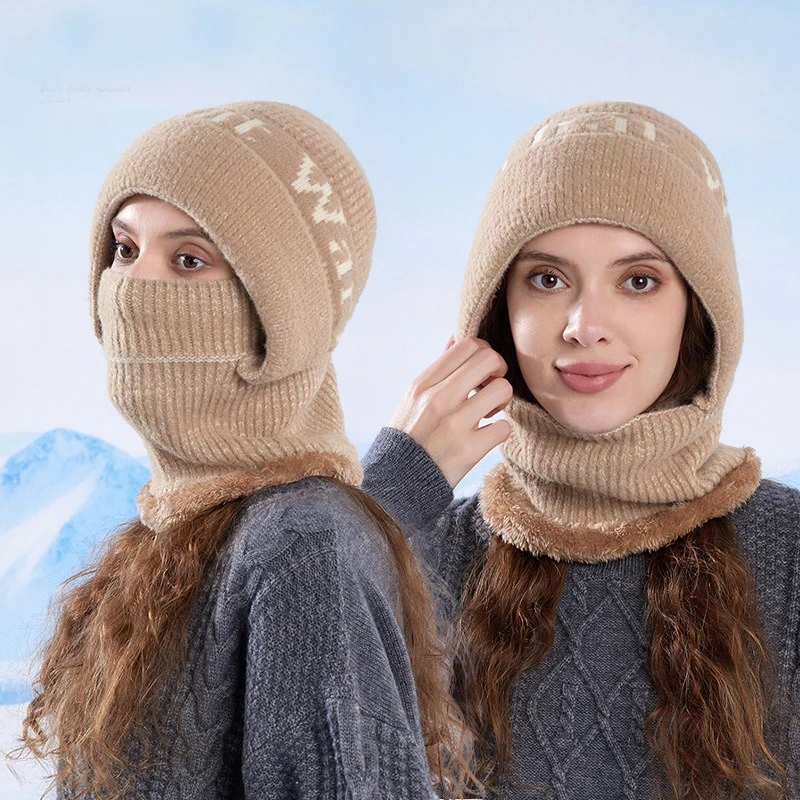 

Winter ear-protection beanie hat with added insulation and plush padding knitted woolen hat with hood face mask all-in-one hat