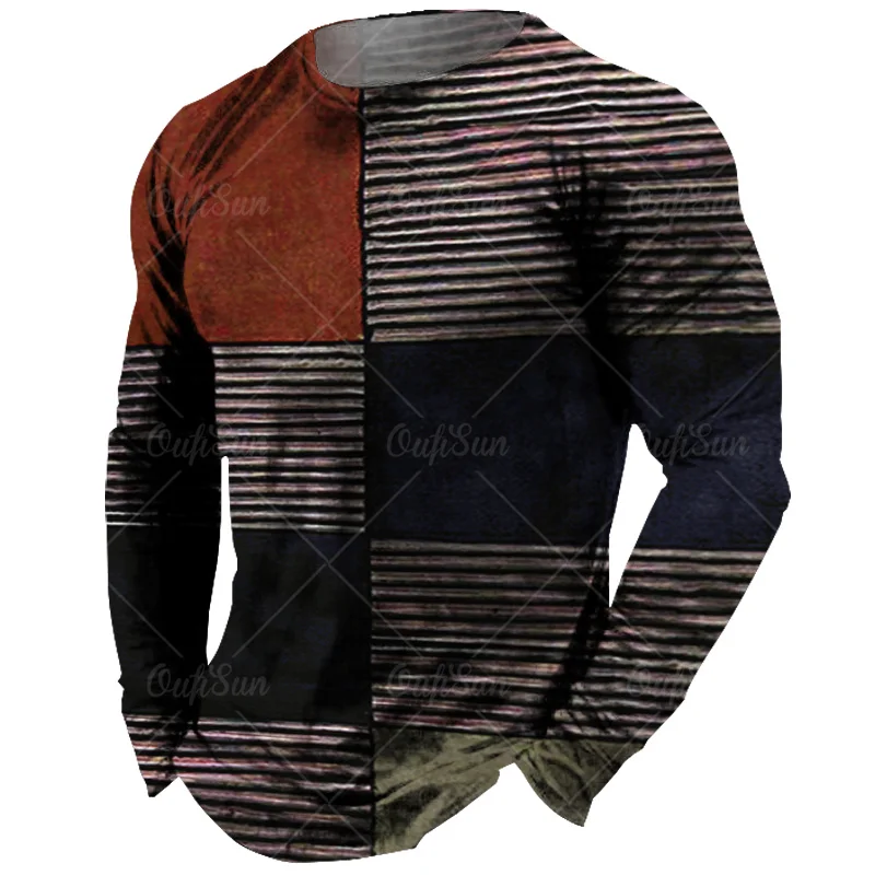 Vintage Men\'s Long Sleeve T-shirt Tops Plaid Print Autumn Oversized Sweatshirt Male O-neck Casual Daily Streetwear Men Clothing